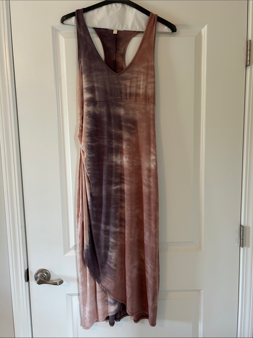River + Sky Shanti Asymmetrical Tie-Dye Maxi Dress in Mauve and Plum